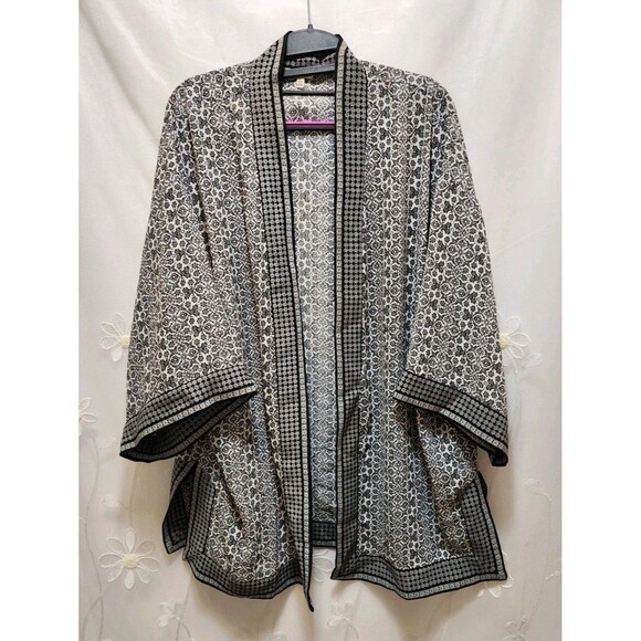 Max Studio Womens Large Black Open Cardigan Floral Mandala Oriental Cover Up - Picture 1 of 14